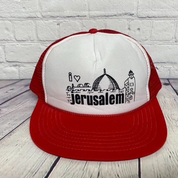 Vintage Trucker Hat Mesh Cap Snapback Red White I Love Jerusalem Graphic Print - Picture 5 of 9
